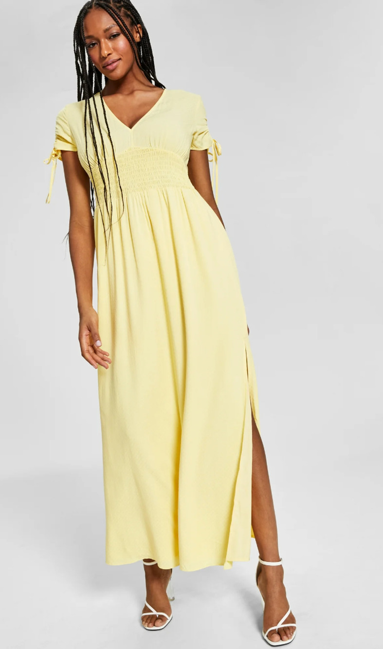 Bar III Yellow Maxi Dress - Womens Size M - Smocked Waist V-Neck Short Sleeve